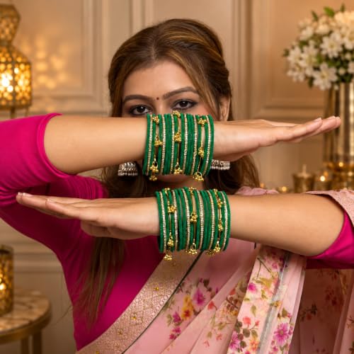 VRINIK Designer Velvet Glass Bangles for Women | Traditional Kashmiri Ghungroo & Golden Stone Bangle Set | Bridal Chudi for Wedding, Festivals, Karwa Chauth, Teej, Navratri|Luxury Gifts