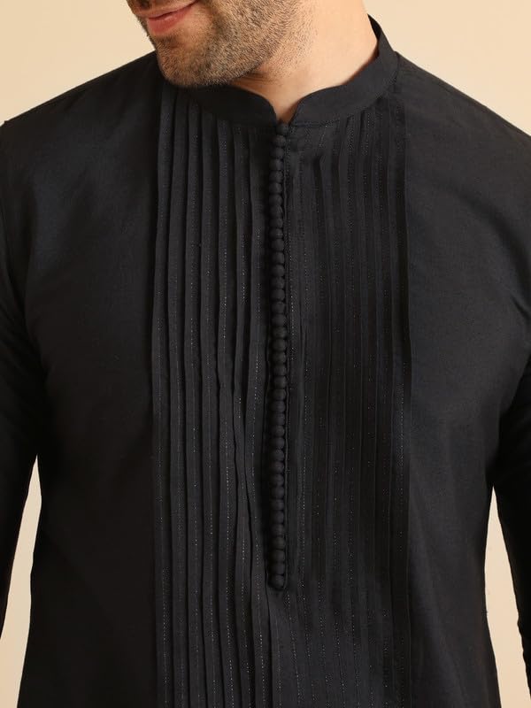 KISAH Men's Kurta Trouser Set, Black Cotton Blend, Embellished Regular Fit Mandarin Collar Full Sleeves (38)