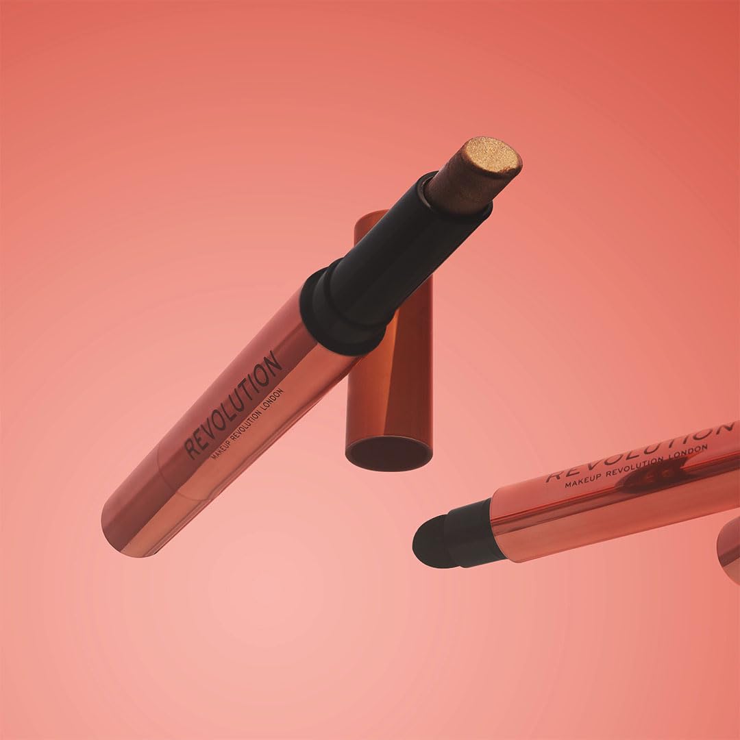 Makeup Revolution- Lustre Wand Shadow Stick- Obsessed Bronze | Ultra-pigmented & Shimmery lids | Seamless glide | Buildable, Metallic Formula | Sponge to dab & blend the shades-1.6 g
