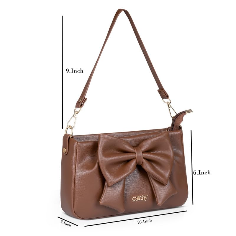 Catchy || Elegant Brown Bow Handbag – Stylish PU Leather Shoulder Bag for Women