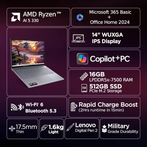 Lenovo IdeaPad 5 2-in-1 AMD Ryzen AI 5 330 (16GB RAM/512GB SSD/14 (35.5cm)/WUXGA IPS/Copilot+PC/Windows 11/Office 2024/Lenovo Digital Pen 2/1Yr ADP/Grey/1.6Kg), 83KT008AIN Convertible Laptop