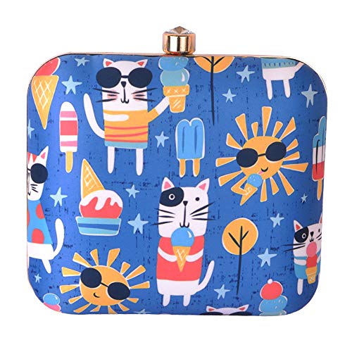 Artklim Sky Blue Cat, Sun & Ice Cream Hard Case Box Clutch with Detachable Strap Chain - Quirky Evening Bag - Stylish Occasions Purse - Gift for Girls