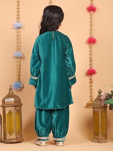 superminis Girls Velvet Lace Work Kurti Duppata and Matching Afgani Ethnic Wear Set (3-4 Years, Green)