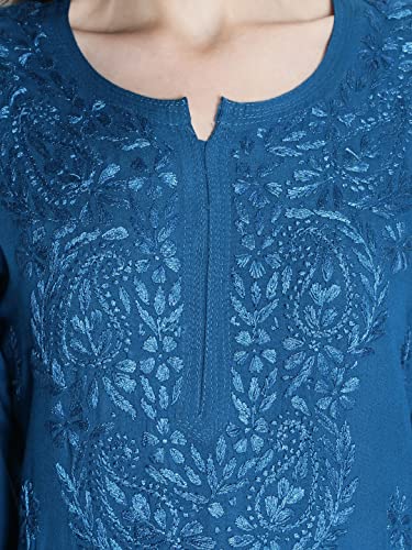 Seva Chikan Hand Embroidered Turquiose Blue Cotton Blend Lucknowi Chikankari Women's Kurta Kurti -(4114_ Turquiose Blue_2XL)