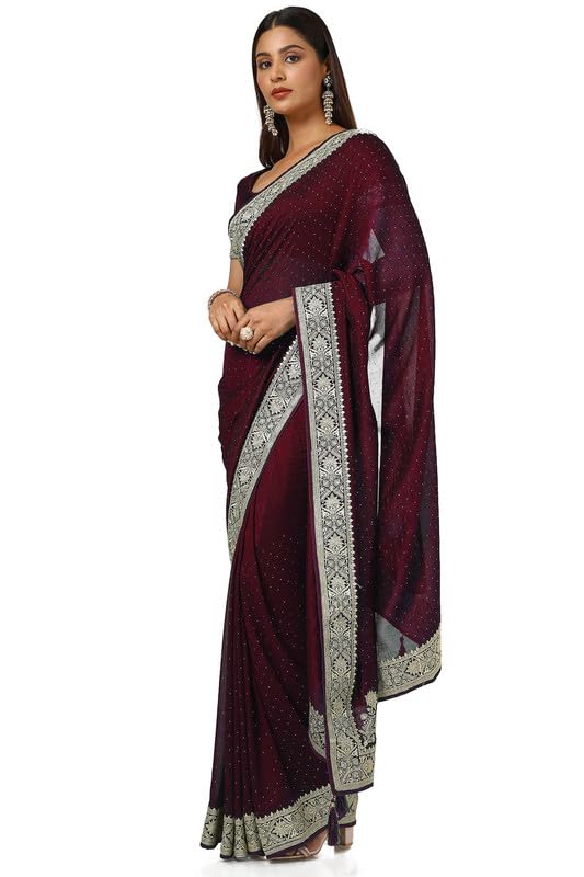 Soch Womens Maroon Zari Embroidery Tussar Saree With Stone Embellish