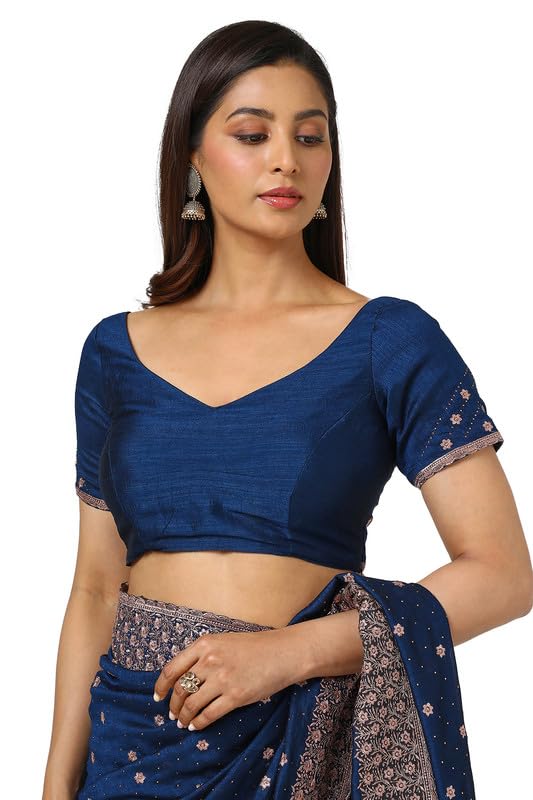 Soch Womens Navy Blue Floral Zari Embroidered Tussar Saree With Stone Work