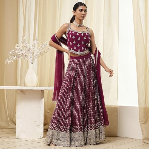BIBA Women Burgundy Georgette Lehenga Set_32