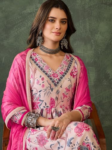 VARNI FABRIC Cotton Lining Kurta Set for Women | 3/4 Sleeves Floral Printed Woman Salwar Suit with Pant & Dupatta | Festive Wedding Ethnic Wear | Prefect for Office Summer | Cream | L