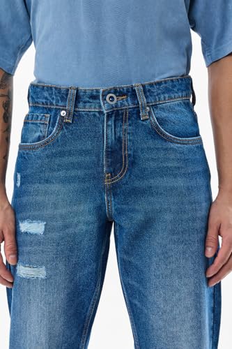 SNITCH Men Blue Casual Jeans | Relaxed Fit Heavy Distressed Design with Whiskered Effect | 100% Cotton Woven Fabric & Stone-Wash Finish for Street Wear
