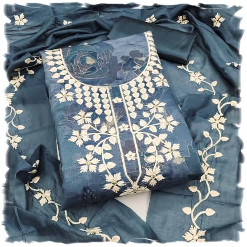 Leeli Peeri Designer Women's Chanderi Embroidery Work Unstitched Salwar Suit Dress Material