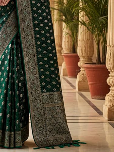 AKHILAM Women's Green Satin Silk Ethnic Motif Printed Saree With Unstitched Blouse Piece (KALASH1101_AI)
