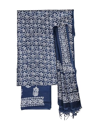 Ivikta Women's Block Print Unstitched Salwar Suit Dress Material with Dupatta | Batik Print Katan Silk Salwar Suit fabric (Indigo)