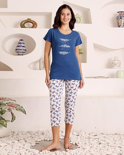 BODYCARE Women's Cotton Printed T-Shirt and Capri Set | Soft & Breathable Nightwear | Short Sleeves | Loungewear Co-Ord Set| BSCS16045_100 Multicolour