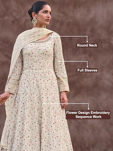 TRENDMALLS Women's Georgette Embroidery Sequence work Anarkali Kurta Pant Set with Dupatta for Women (G284-OffWhite-3XL)