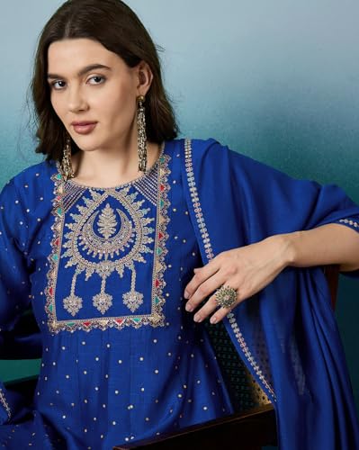 LYMI LABEL Zari Sequence Embroidered Blue Silk Blend Foil Printed Kurta Pant with Dupatta