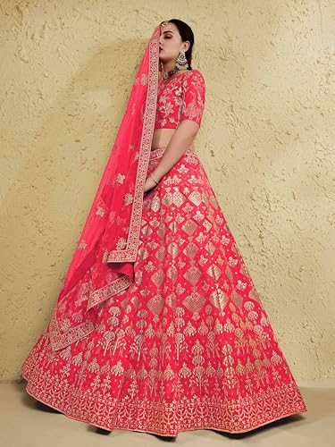 Zeel Clothing Women's Thread Sequins Embroidery Silk Bridal New Semi-stitched Lehenga Choli Set With Dupatta(7055-Peach-Wedding-Bridal-Stylish-Latest; Free Size)