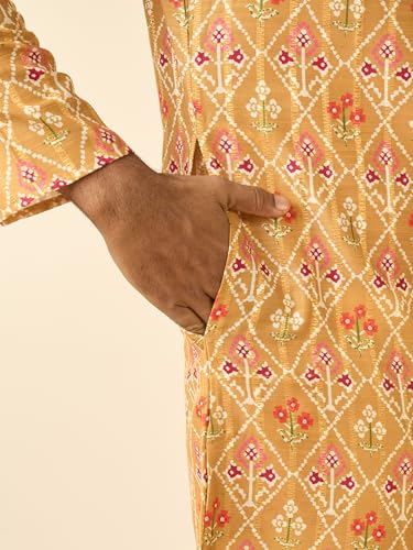 DIWAS BY MANYAVAR Men's Art Silk Ikat Style Printed Kurta Set (Mustard,M)
