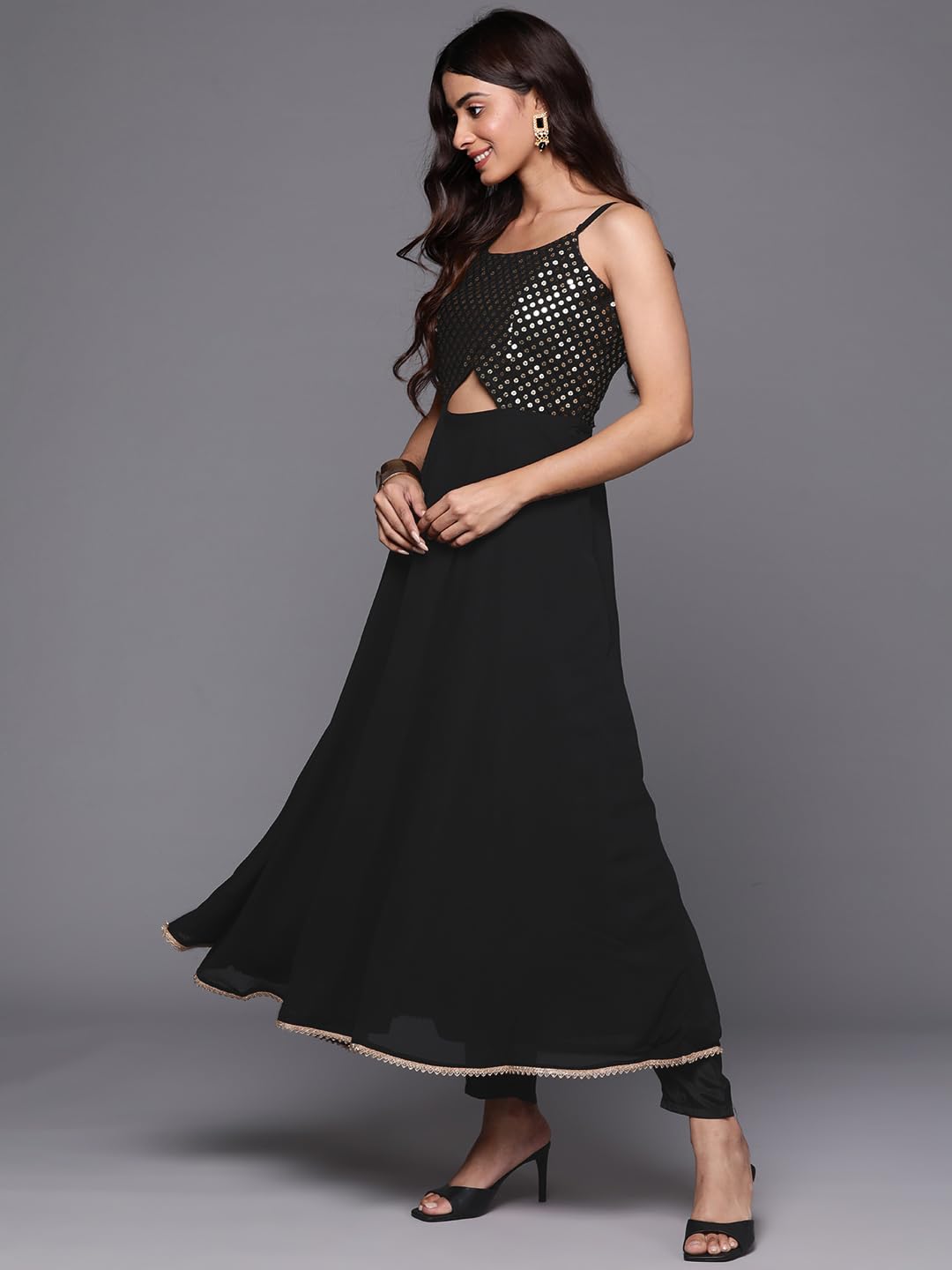 Libas Womens Embroidered Georgette A-Line Kurta With Trousers and Dupatta