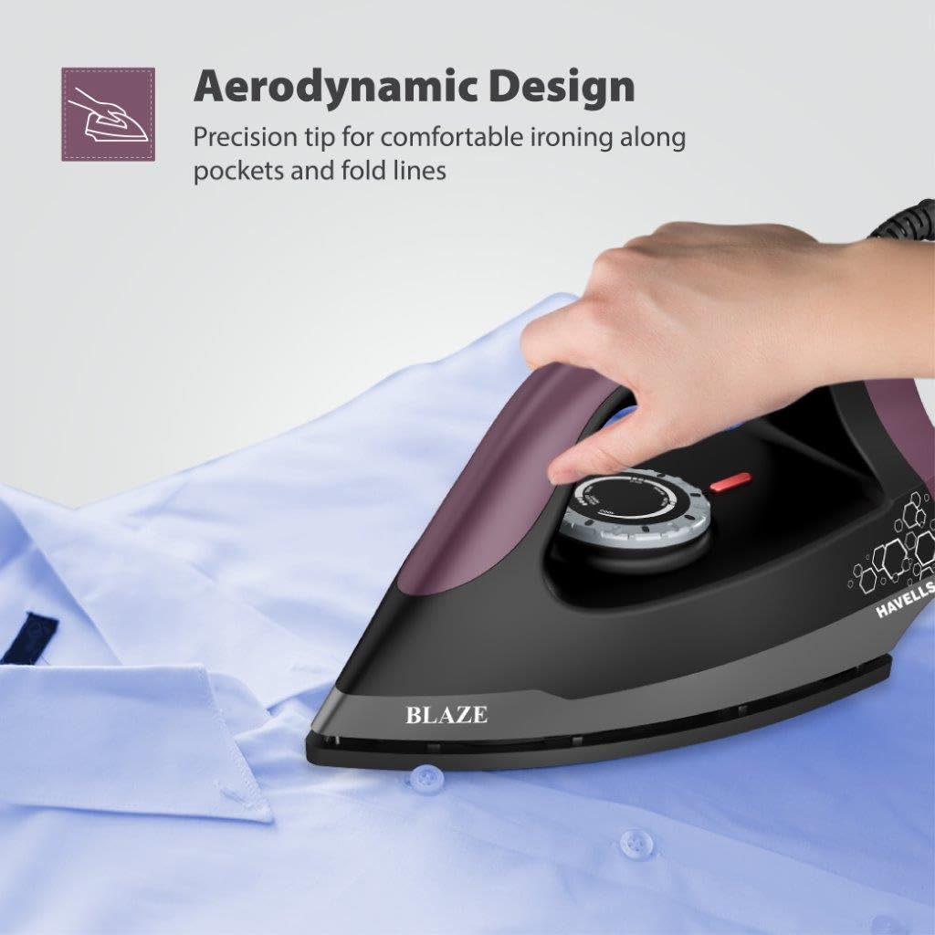Havells Blaze Dry Iron 2 KG Heavy Weight Dry Iron| 1250W| American Heritage Non-stick Coated Sole Plate For Smooth Gliding & Long Life| Aerodynamic Design| 2 Year Manufacturer Warranty (Black)