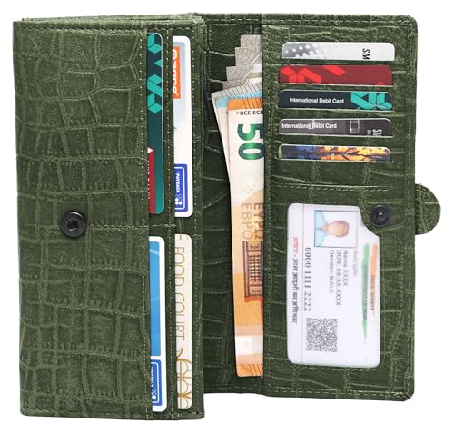 WildHorn Women’s Genuine Leather RFID Blocking Wallet | Tri-Fold High-Capacity Ladies Purse with Card Slots, Zipper Coin Pocket & Snap Closure | Ideal Gift for Women (Green Croc)