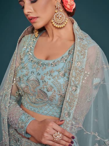 Zeel Clothing Women's Sea Blue Zari and Embroirery Work Net Semi-Stitched Lehenga Choli Material (7906-Sea-Blue-Wedding-Lehenga-Choli; Sea Blue),2 Meters
