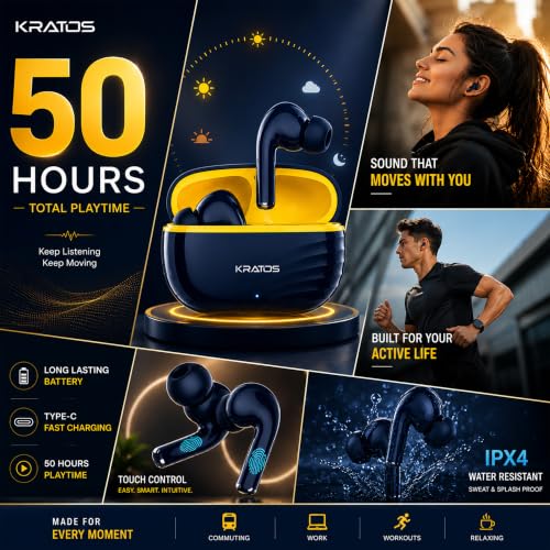 Kratos TW01 Ear Buds Wireless with 30H Playtime with Touch Control, Noise Isolation & Clear Calls, Bluetooth Earbuds with Voice Assistant, Bluetooth V 5.3 & with Type C Fast Charging,TWS Earphones