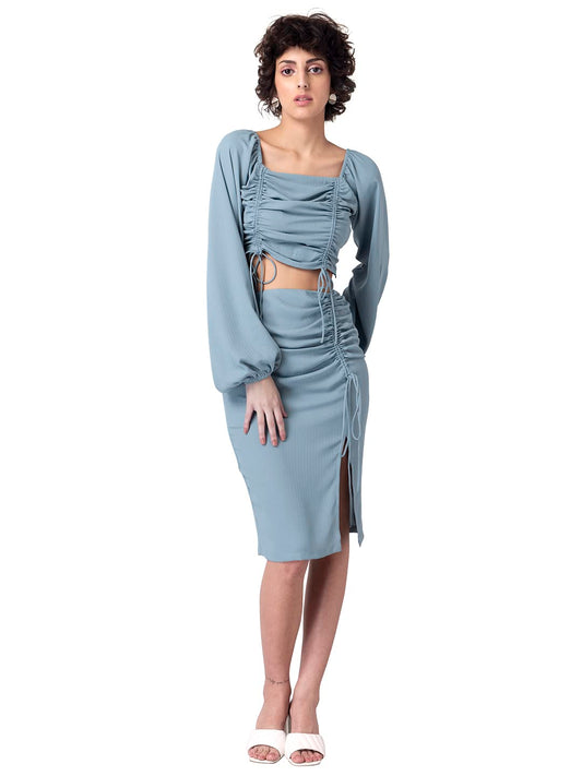 FabAlley Department569 Georgette Regular Blue Ruched Crop Top and Slit Skirt Co-ord Set (FCO00204 S)