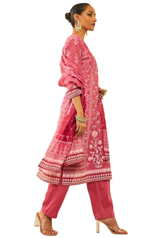 Soch Womens Onion Pink Cotton Blend Print With Embroidered Suit Set With Schiffli