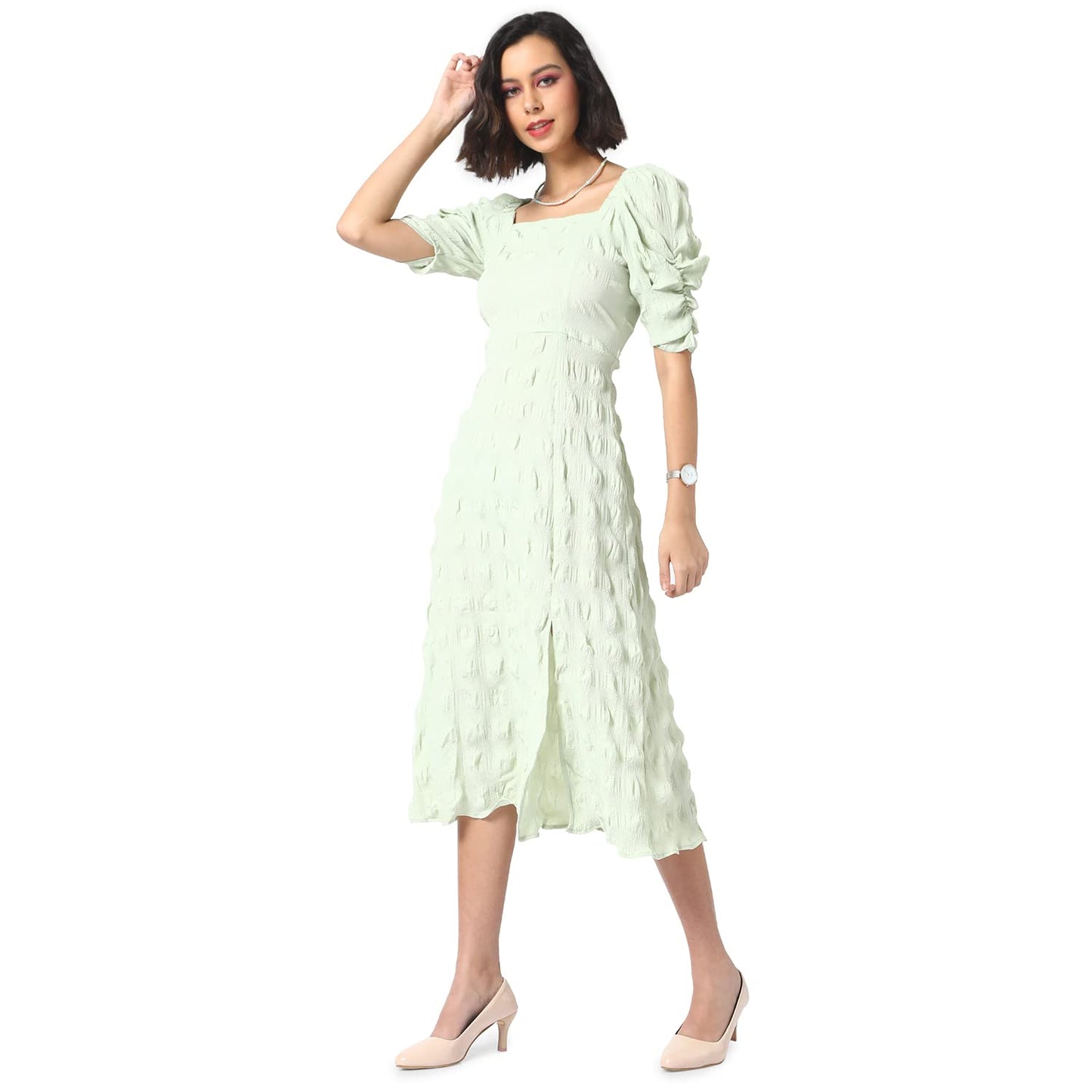 Campus Sutra Women's Creased Midi Dress for Casual Wear | Puff Sleeve | Midi Length | Pull On Closure | Dress Crafted with Comfort Fit for Everyday Wear Mint