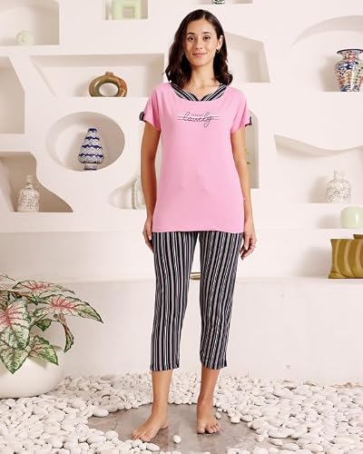 BODYCARE Women's Cotton Printed T-Shirt and Capri Set | Soft & Breathable Nightwear | Short Sleeves | Loungewear Co-Ord Set| BSCS16030_100 Multicolour