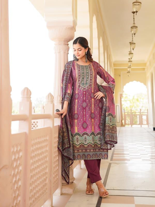 Vaamsi Women's Purple Rayon Printed Straight Kurta Pants With Dupatta Set | Festive Straight Kurta Set For Women | Printed Salwar Suit For Women (SKSKD3057, 4XL)