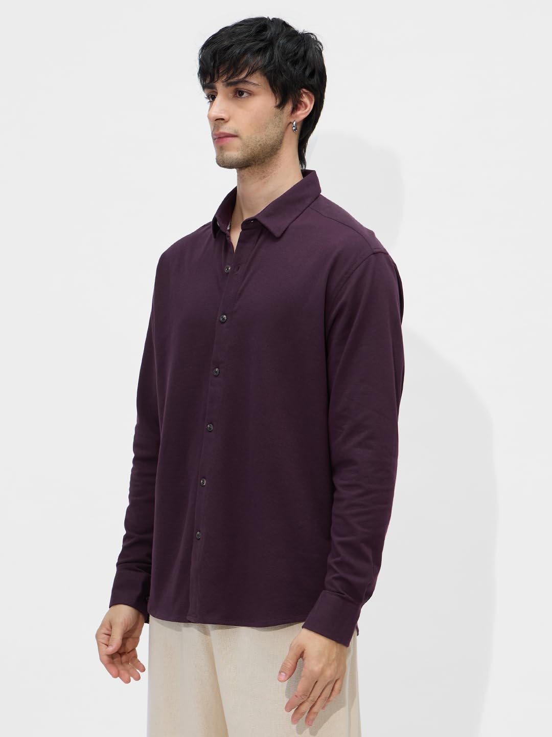 The Souled Store Mulberry Men and Boys Long Sleeves Collared Neck Button Front Regular Fit Cotton Textured Shirts