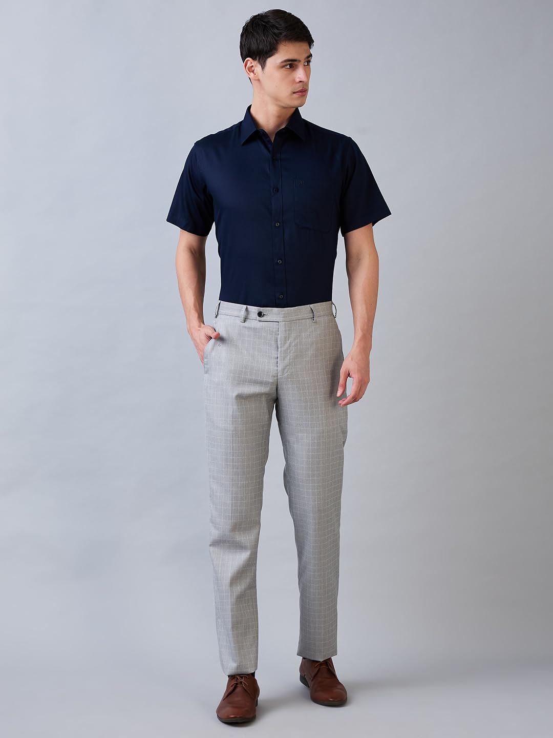 Park Avenue Men's Regular Fit Formal Trousers, Poly Viscose Blend, Checked Pattern, Mid Rise | Medium Grey