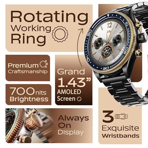 GOBOULT Saber Smart Watch 1.43'' AMOLED Display, Functional Rotating Bezel, AOD, BT Calling, 200+Watchfaces, 700 Nits Brightness, AI Voice Assistant, SpO2 Monitoring, 120+ Sports Mode (Metal Black)