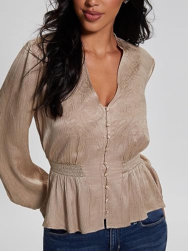 GUESS Women Beige Embroidered V-Neck Full Sleeves Joie Satin Top