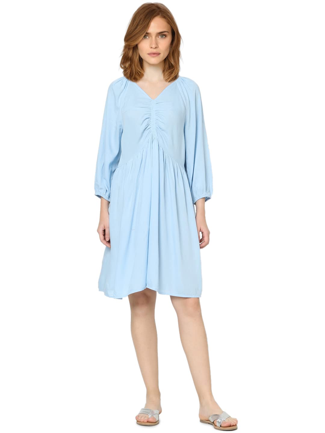 VERO MODA Women's Viscose A-Line Knee-Length Dress (231310101-Blue Bell_Blue M)