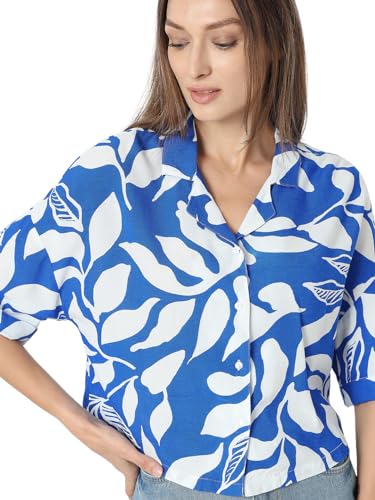 VERO MODA Women Abstract Print Blue Viscose Regular Fit Crop Shirt