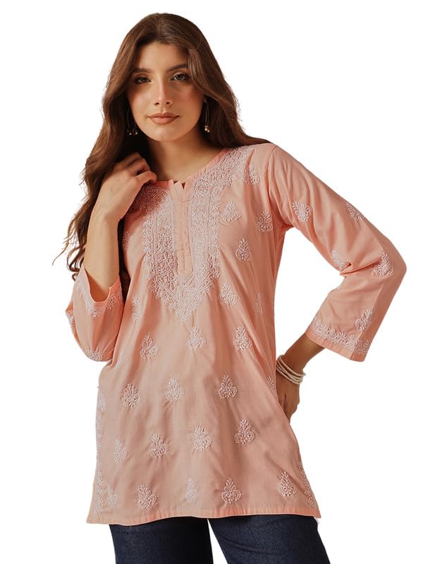 Ada Hand Embroidered Lucknowi Chikankari Cotton Short Kurti Top Tunic for Women A911492 Light Peach (M)