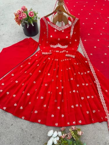 SAMUYA Elegant Red Anarkali Dress with Silver Embroidery, Traditional Indian Wedding Gown, Floor Length Ethnic Wear with Dupatta (in, Alpha, 2XL, Regular)