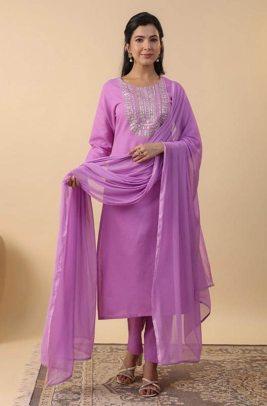 Anekha Women's Lavender Cotton Blend Yoke Embroidery Straight Kurta Set(ANC24ST00311-S)