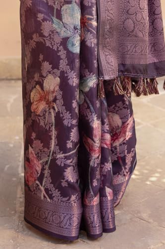 Soch Womens Purple Tussar Floral Print Saree With Zari Woven