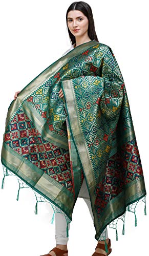 Exotic India Brocade Dupatta from Gujarat with Brocade Weave - Color Juniper GreenColor Free Size