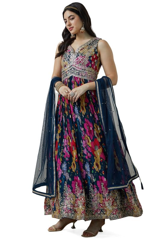 Soch Womens Navy Blue Chinon Blend Botanical Print Alia Cut Gown