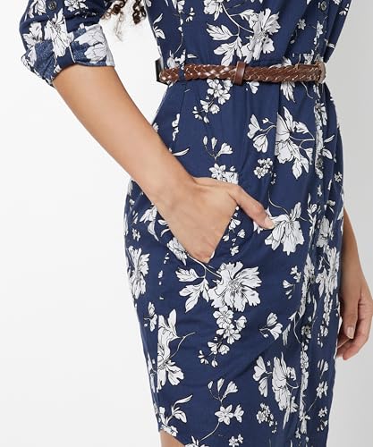 Max Women Printed Shirt Dress with Belt(Blue_L)