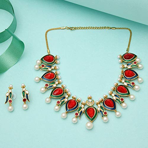 Estele 24 Kt Traditional Kuiri Shape Gold Plated Choker Style Necklace Set for Women