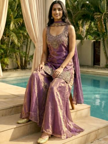 Leeli Peeri Designer Women's Fendy Satin Embroidery Work Kurta Palazzo With Dupatta…