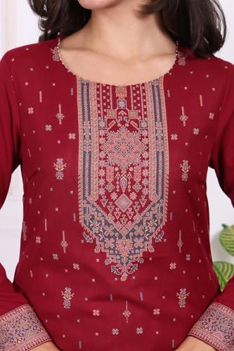 W for Woman Maroon Ethnic Motifs Printed Straight Kurta, Straight Pants and Dupatta Set - (WS13383-314582-3XL)