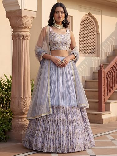 Zeel Clothing Digital Print Mirror Hand Work Georgette Lehenga Choli with Dupatta (5100-Blue-Women-Stylish-Lehenga-Choli; Free Size)