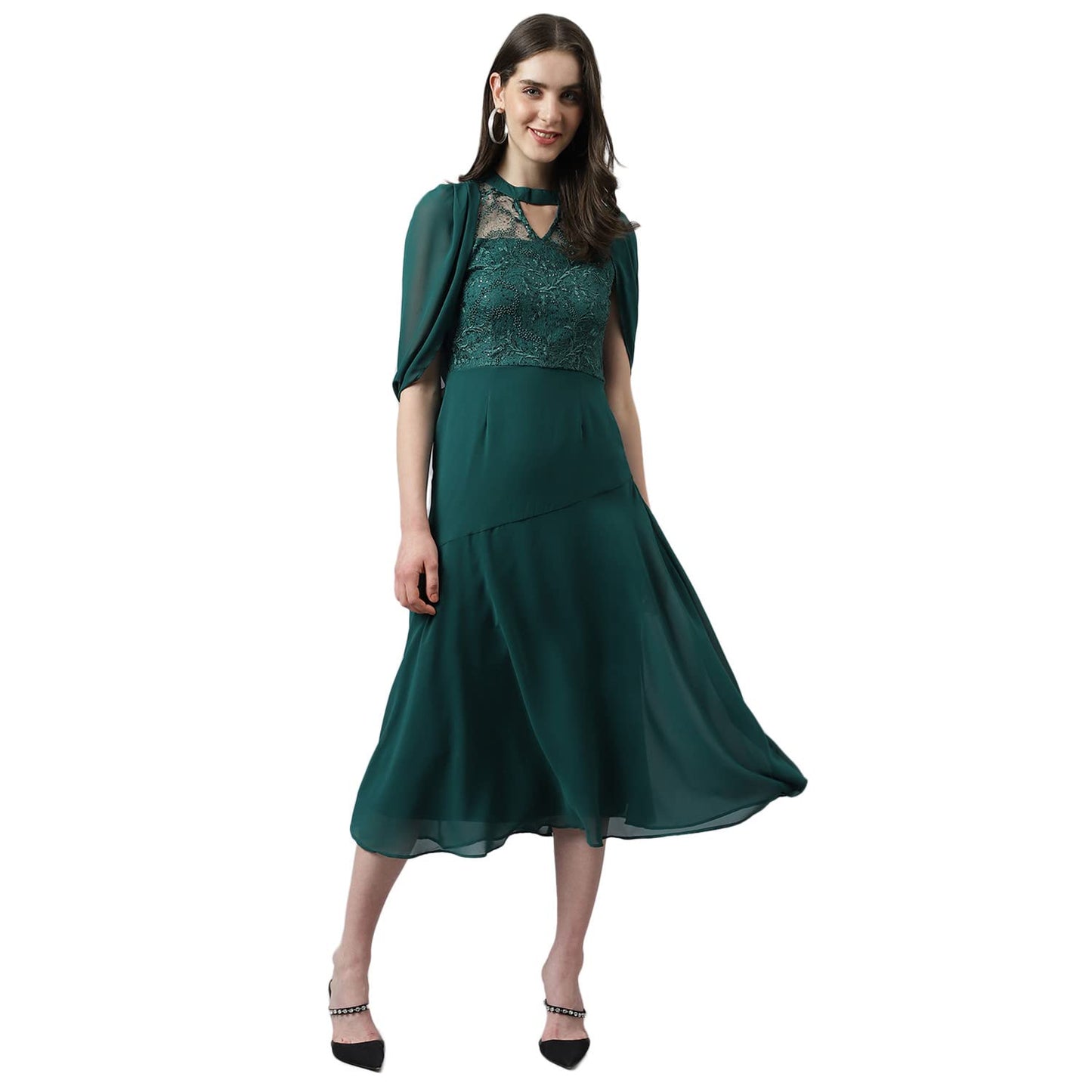 Latin Quarters Women's Green Fit & Flare Lace Midi Dress_XL