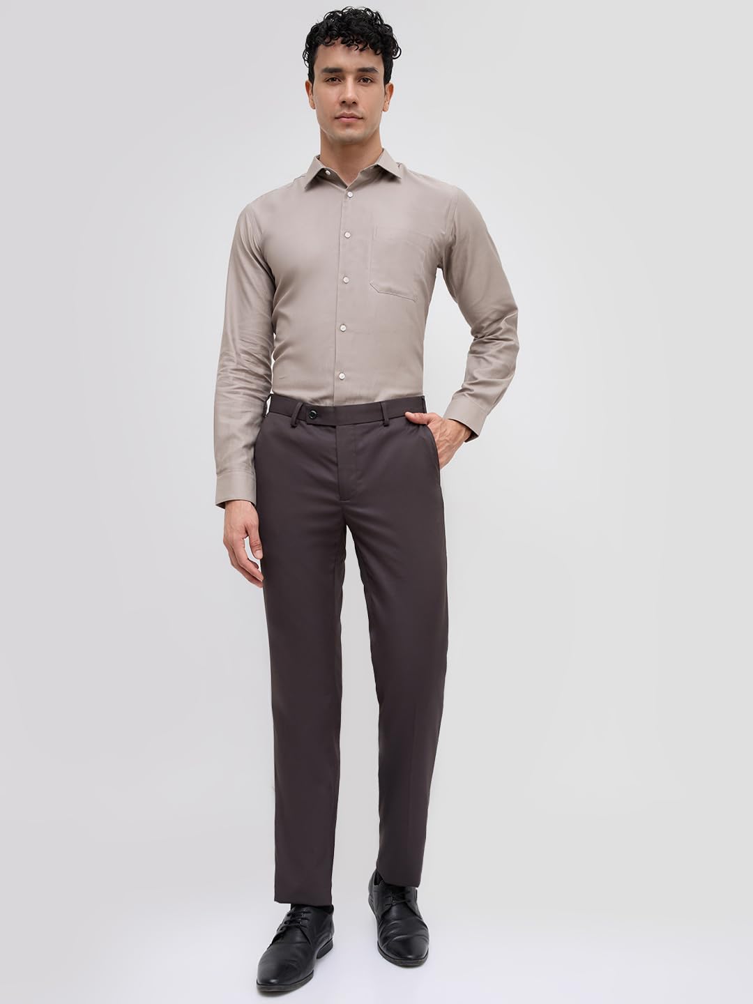 Park Avenue Men Slim Fit Structure Pattern Pure Polyester Flat Front Formal Trouser Dark Grey